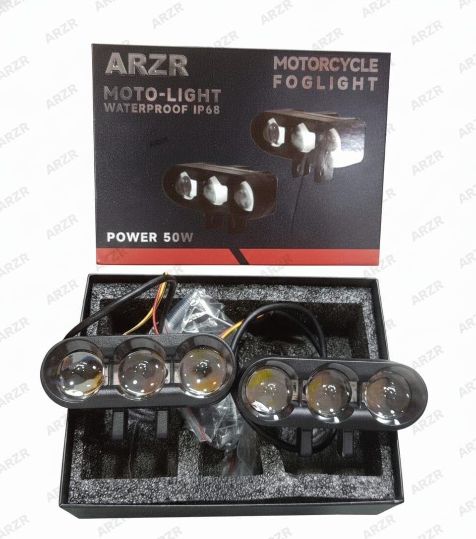 ARZR Motorcycle Fog Light, Waterproof IP68, 50W Moto-Light, Black, 6 LED Lights