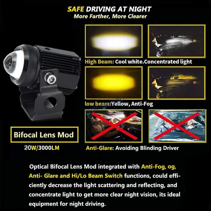 HJG Mini Drive LED Fog Light Bulb Lamp For Cars and Motorcycles Dual Color (White & Yellow) With Cooling Fan 2Pcs